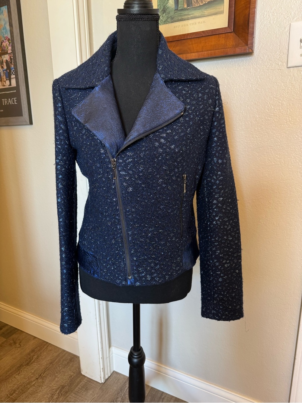 Elie Tahari Navy Textured Zip-Front Blazer Jacket